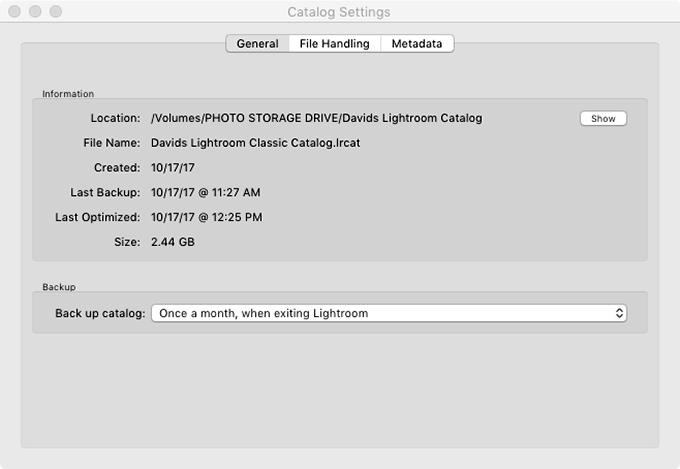 Adobe Photoshop Lightroom Classic Catalog Settings General Tab