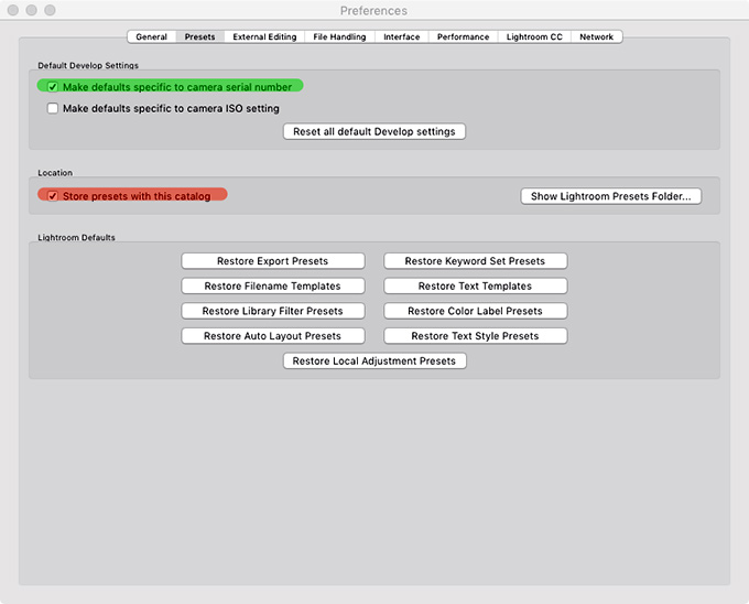 Adobe Photoshop Lightroom Classic Preferences Presets Tab