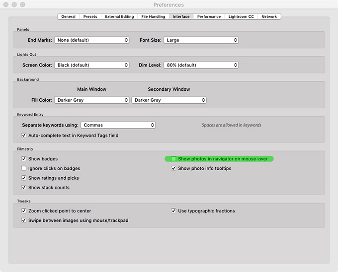 Adobe Photoshop Lightroom Classic Preferences Interface Tab