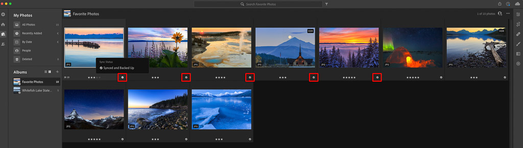 Adobe Lightroom Cloud-Based Synced and Backed Up Indicator