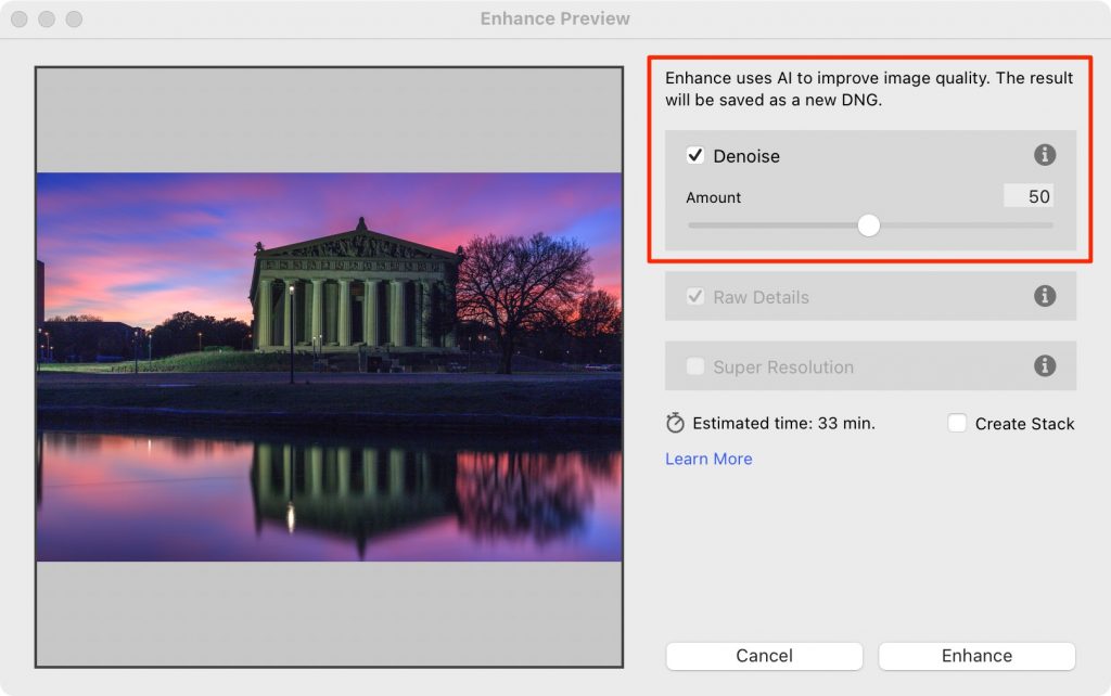 AI-Powered Noise Reduction Enhance Window In Lightroom Classic