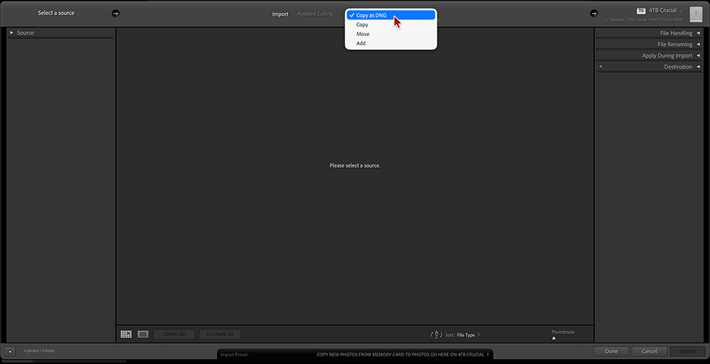 Lightroom Classic Import Copy as DNG